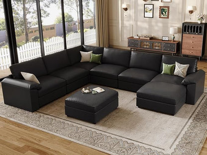 EASE MOOSE Faux Leather Sectional Couch with Ottoman, Oversized Modular Sofa, Vintage Comfy Modular Couch, Scratch Resistant Material Sofas, U Shaped Couch for Living Room, Black
