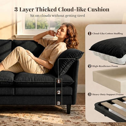 KYJ 69 Inch Small Sofa, 3-Seater Loveseat Couch with Cloud 2 Layer Cushion, 22.8" Deep Seat, Oversized Pillows, Chenille Fabric, Compact for Small Spaces,Apartment, Living Room, Studio, Office, Black