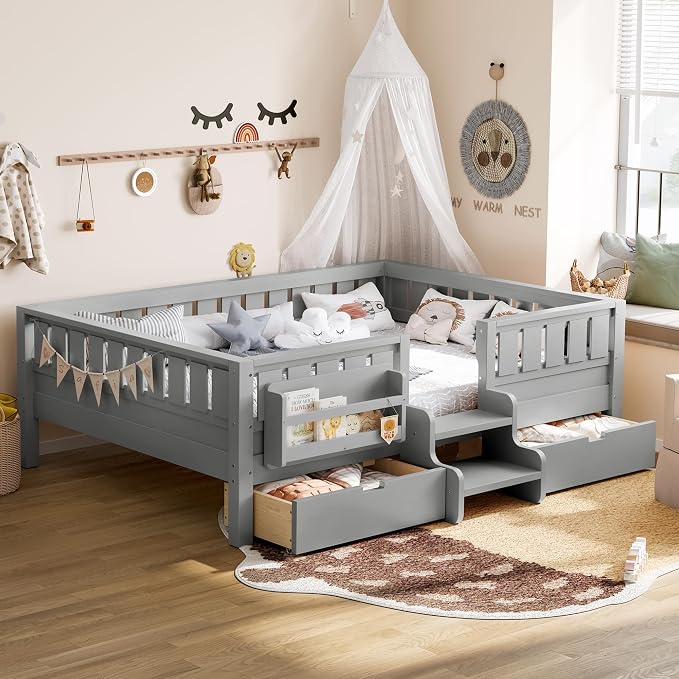 Bellemave Full Size Montessori Bed with Stairs, Rails and Slats, Full Size Montessori Floor Bed with Bookshelf and 2 Storage Drawers, Easy Assemble Beds Frame for Girls, Boys, Gray