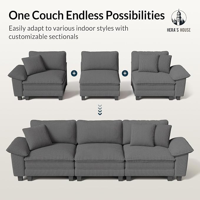 HERA'S HOUSE 124" Oversized Modular Sectional Sofa, Comfy U Shaped Couches for Living Room, Cloud Couch with Ottoman, 5-Seater Deep Seat Sofa with Throw Pillow, Corduroy Grey