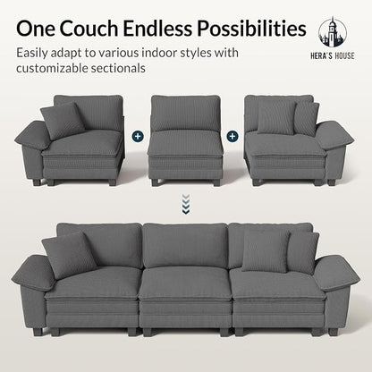 HERA'S HOUSE 124" Oversized Modular Sectional Sofa, Comfy U Shaped Couches for Living Room, Cloud Couch with Ottoman, 5-Seater Deep Seat Sofa with Throw Pillow, Corduroy Grey