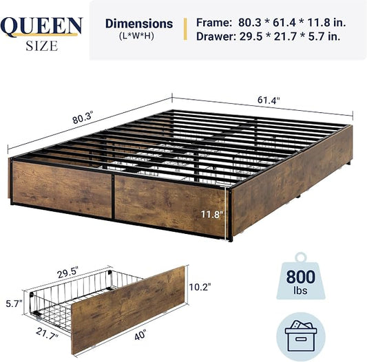 Allewie Queen Size Metal Bed Frame with 2 Storage Drawers, Heavy-Duty Steel Frame with MDF Wood Panels, Flexible Drawer Placement, Easy Assembly, Noise-Free Support, Brown