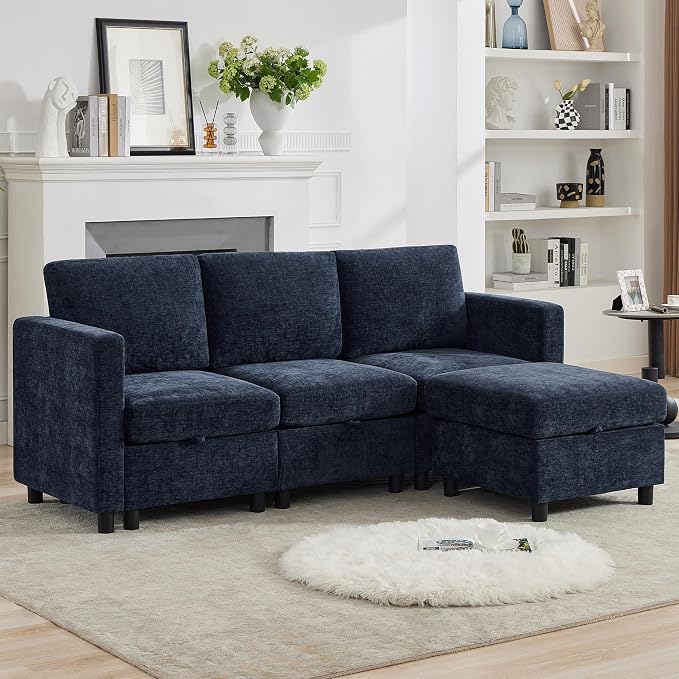 WUTUTUEE 83'' Modular Sectional Sofa Convertible L Shaped Couch Set for Living Room, 4 Seat Storage Modular Sofa with Movable Ottoman, Chenille Navy