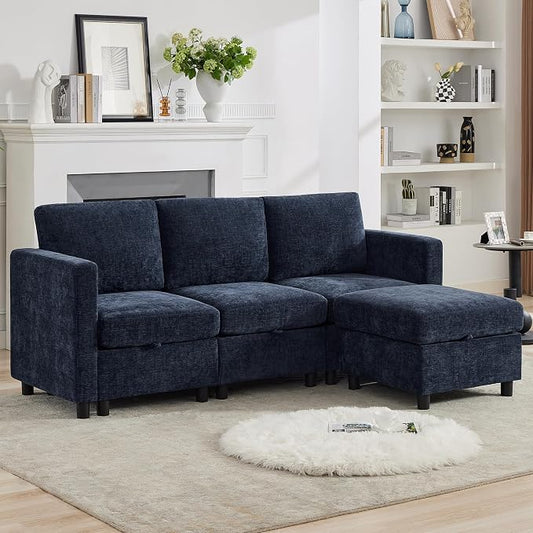 WUTUTUEE 83'' Modular Sectional Sofa Convertible L Shaped Couch Set for Living Room, 4 Seat Storage Modular Sofa with Movable Ottoman, Chenille Navy
