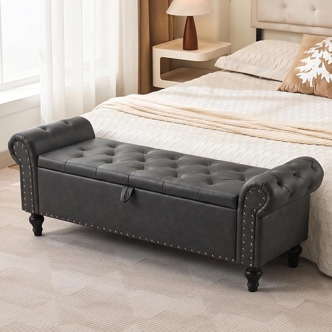 55" Storage Bench for Bedroom, Upholstered Ottoman Bench, Leather DarkGray | End of Bed Bench for Bedroom, Window Benches for Living Room, Entryway, Ottoman with Large Storage Space, Pet Friendly