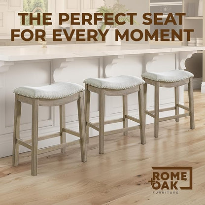ROME + OAK Set of 3 Parker 26" Counter Stool, Backless Saddle Kitchen Barstool in Reclaimed Oak Finish with Ash Grey Fabric Upholstery Cushion Seat