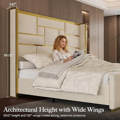 Queen Bed Frame with 55.12" Tall Headboard, Modern Luxury Velvet Upholstered Platform Bed with Gold Trim, Wide Wingback Design, Noise-Free, Easy Assembly, No Box Spring Needed, Beige
