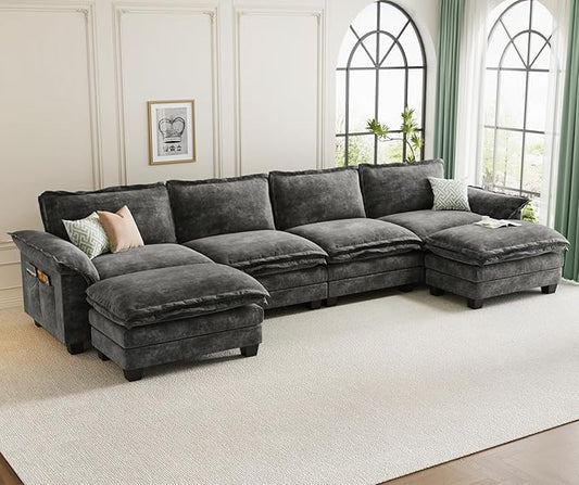 KKL U-Shaped Modular Sectional Sofa, 6 Seater Cloud Couch with Ottoman, Chenille Sectional Couches for Living Room, Apartment, Grey