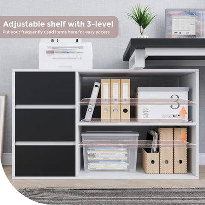 Home Office Computer Desk Corner Desk with 3 Black Drawers and 2 Shelves, 53-inch L-Shaped Study Desk with Storage, White + Black