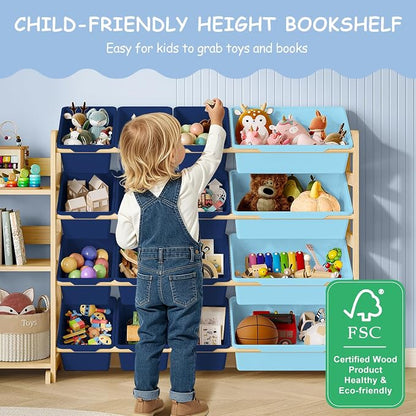 EXPERLAM Toy Storage Organizer, Toy Storage Shelf with 3 Shelves and 16 Storage Bins (12 Small + 4 Large), 3-in-1 Kids Bookshelf for Kids Rooms, Playroom, Nursery, Blue