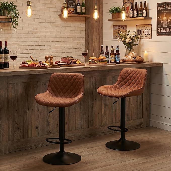 YOUTASTE Coffee Brown Bar Stools Set of 2 Adjustable Counter Height Barstools Faux Leather Bar Stool with Back Swivel Modern Metal Diamond Bar Chairs Home Kitchen Island Restuarant