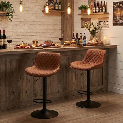 YOUTASTE Coffee Brown Bar Stools Set of 2 Adjustable Counter Height Barstools Faux Leather Bar Stool with Back Swivel Modern Metal Diamond Bar Chairs Home Kitchen Island Restuarant