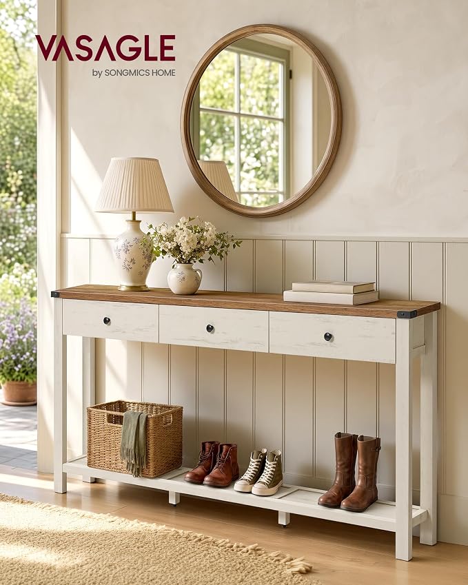 VASAGLE LIRY Collection Narrow Console Table with 3 Drawers and Shelf, Sofa Table 9.4 x 63 x 29.9 Inch, Easy Assembly, Entryway, Living Room, Farmhouse Style, Honey Brown and Rustic White ULNT148W101