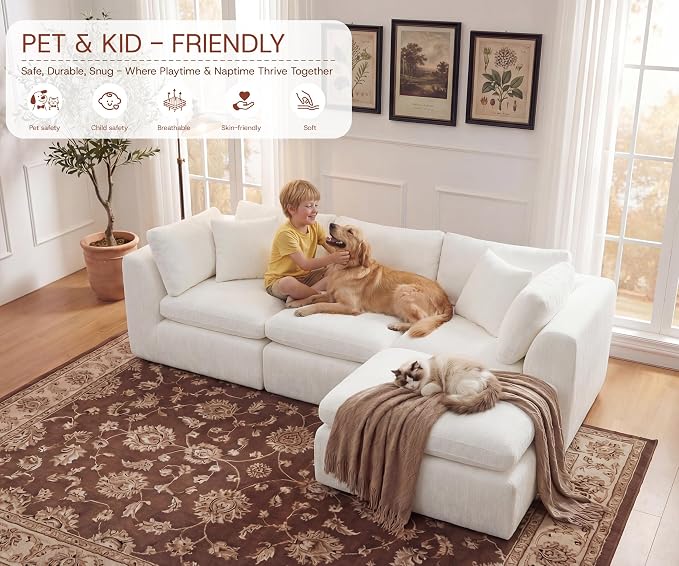 GRUSIGN 110'' Oversized Boneless Cloud Couch for Living Room, Modern Big Sectional Compressed L Shape Couch with Ottoman, Comfy Chenille Deep Seat Memory Foam Spineless 4 Seater Sofa, Beige