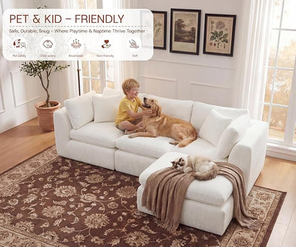 GRUSIGN 110'' Oversized Boneless Cloud Couch for Living Room, Modern Big Sectional Compressed L Shape Couch with Ottoman, Comfy Chenille Deep Seat Memory Foam Spineless 4 Seater Sofa, Beige