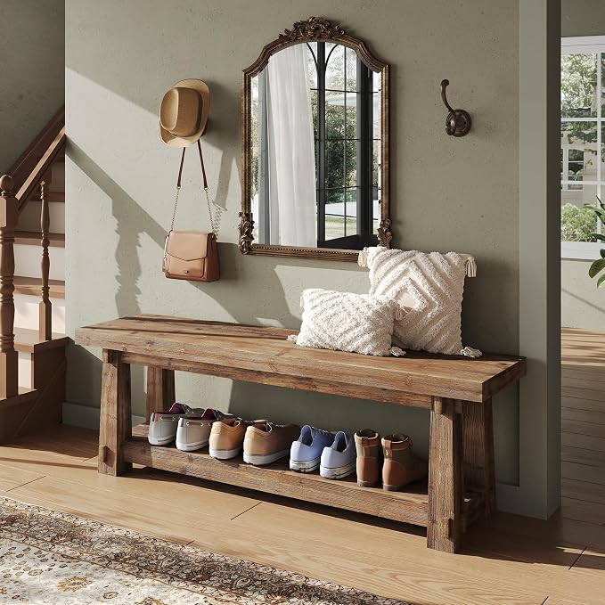 55" Solid Wood Entryway Bench with Shoe Storage, Rustic Charred Wood Grain Foyer Bench with Open Shelf for Hallway, Mudroom, Bedroom, Easy Assembly