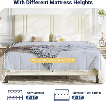 Allewie King Size Platform Bed Frame with Adjustable Headboard, Plush Velvet Upholstered, Vertical Channel Tufted, Sturdy Wooden Slats, No Box Spring Needed, Easy Assembly, Cream