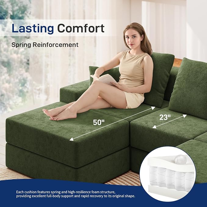 Living&Giving 101" U-Shaped Cloud Sectional Couch for Living Room, Cloud Boneless Couch-No Assembly with Reversible Chaise, Customizable 3-Seat Modular Sectional Sofa with 2 Ottoman, Green