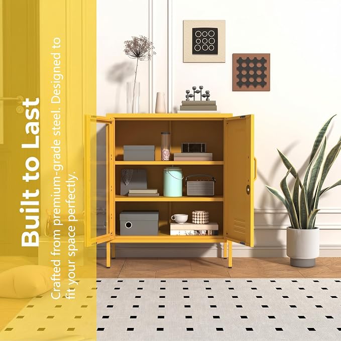 Yellow Lockable Glass & Metal Door Storage Cabinet, 3-Tier Freestanding Locker Organizer with 2 Adjustable Shelves, Multipurpose Unit for Home, Entryway, Hallway, 33" H x 29.5" W x 13.8" D