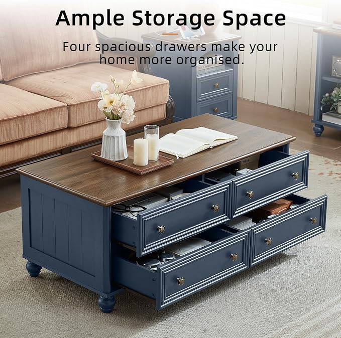 RWYHG 48" Farmhouse Coffee Table with Hidden Storage,Wooden Coffee Tables with 4 Drawers & Roman Column Handle,Rectangular Rustic Center Table with Solid Wood Curved Legs for Living Room,Office,Blue