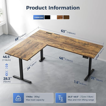 Klicelor L Shaped Standing Desk 63 x 55 Inch,Electric Height Adjustable Corner Desk with Cable Management & Power Outlets, Ergonomic Sit Stand Up Computer Table for Home Office,Rustic Brown
