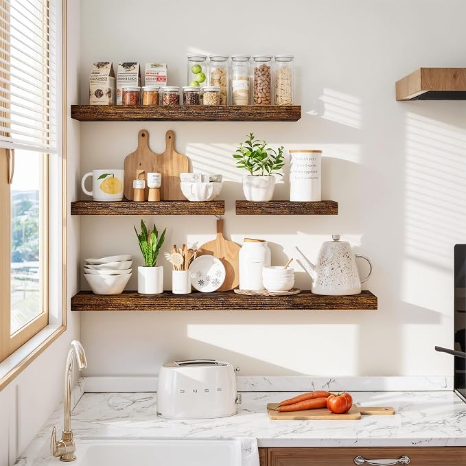Vivelove Floating Shelves for Wall Mounted, 48 Inches Long Shelves, Display Shelf for Bathroom Living Room Kitchen Bedroom Office Farmhouse Home Decor, 48" X 9.3" X 1.5" - Set of 2, Rustic Brown