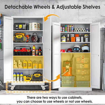 PAOFIN 71''H Tall Metal Garage Storage Cabinet with Wheels,Steel File Cabinets with 2 Doors and 4 Adjustable Shelves for Home Office, Warehouse, Required Assembly,White