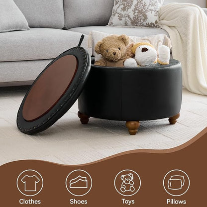 WUTUTUEE 24Inch Round Storage Ottoman with Tray, Modern Tufted Leather Circle Coffee Table with Storage, Upholstered Ottoman with Removable Top for Living Room, Bedroom, Leather Black