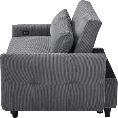 ERYE 57.5-Inch Loveseat Sofa with Pull Out Sleeper Couch Bed, Comfy Corduroy Upholstered Love Seat Sofa Convertible Sleeper Sofabed,Lounge Recliner Chaise Daybed | USB Charging Ports