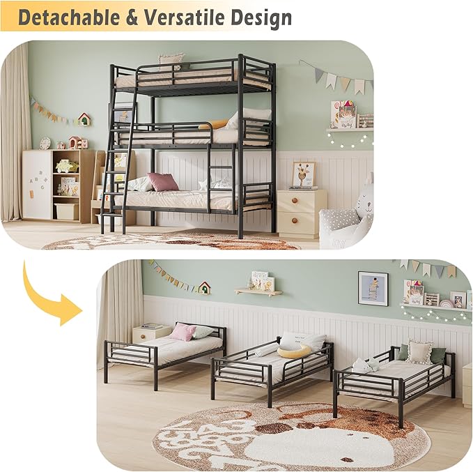 Metal Triple Bunk Bed,Twin Over Twin Bunk Bed for 3, 3 Beds with Guardrail & Ladder, Heavy Duty Triple Bed Frame for Kids Teenagers/Adults, Converts to 3 Separate Twin Beds, No Box Spring Needed