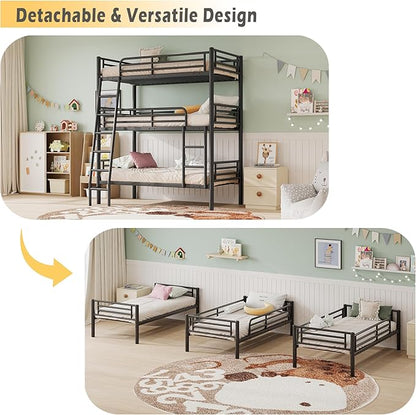 Metal Triple Bunk Bed,Twin Over Twin Bunk Bed for 3, 3 Beds with Guardrail & Ladder, Heavy Duty Triple Bed Frame for Kids Teenagers/Adults, Converts to 3 Separate Twin Beds, No Box Spring Needed