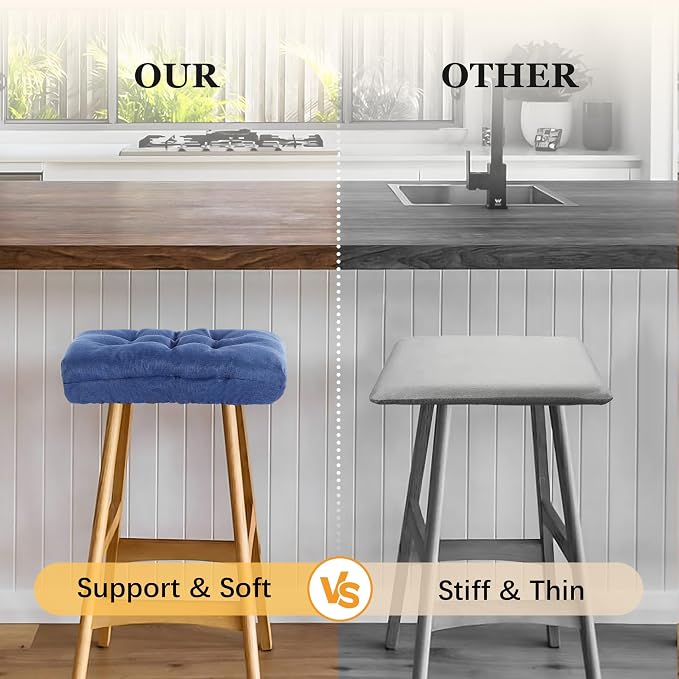 Rectangular Stool Cushion Set of 4, Soft Saddle Stool Cushions with Ties, Nonslip and Washable, Dark Blue, 18 x 10.5 x 4 Inch