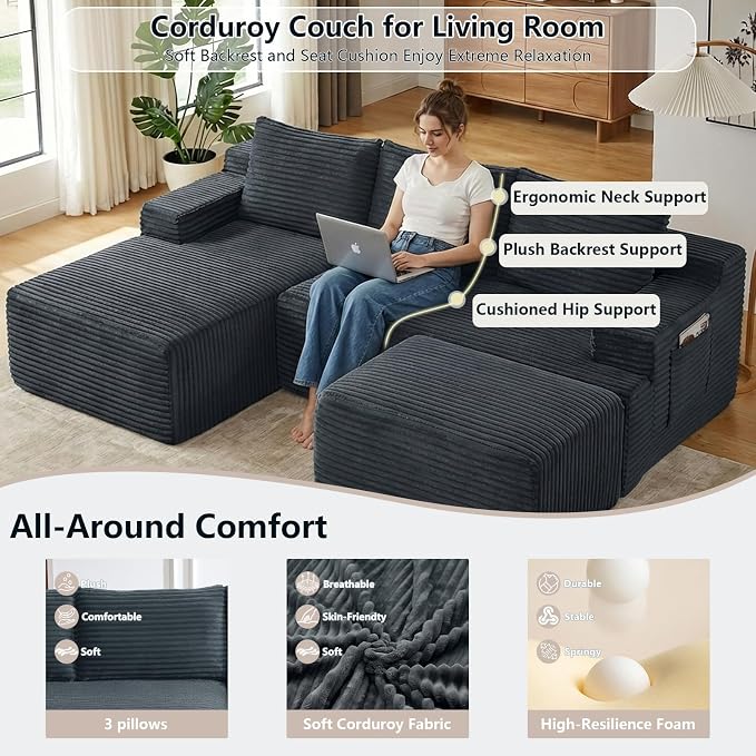 96" Cloud Sectional Couch U-Shaped Chaise with Ottoman, Corduroy Boneless Couch for Living Room Bedroom, Deep-Seat Upholstered Modular Cloud Sofa, No Assembly Required (Grey, Left Facing Chaise)