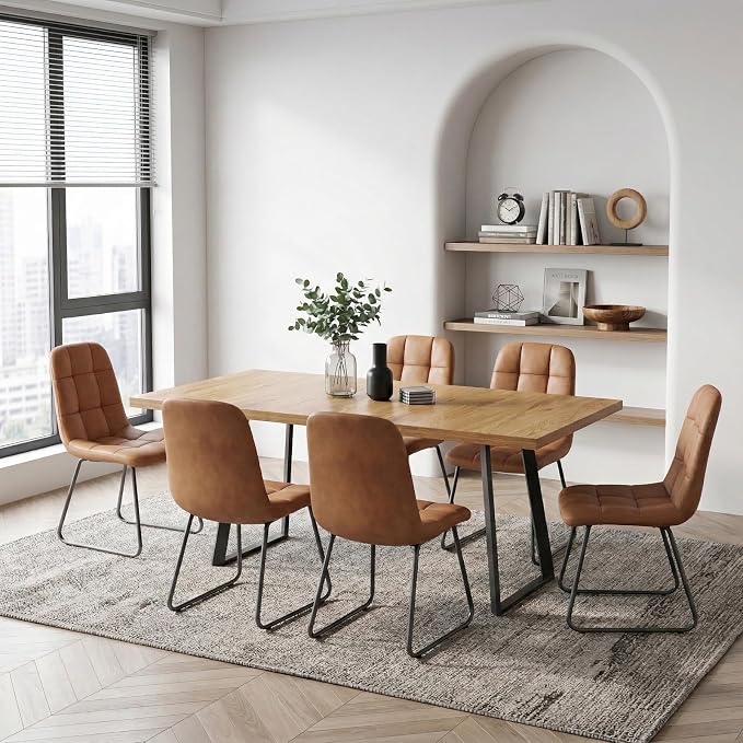 ZckyCine Butterfly‑Leaf 47‑63 Inch Extendable Dining Set with 6 PU Leather Chairs for Small‑Size Homes