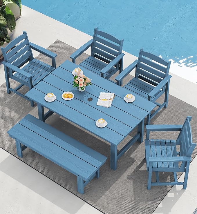 SERWALL 67" Rectangle HDPE Outdoor Dining Table for 6,Blue