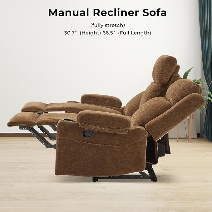 GUEAPY Large Manual Reclining Sofa 3-Seater Chenille Recliner Couch with Cup Holders, Wide Seat, Easy Assembly & Spill-Resistant Fabric Cozy Reclining Sofa for Living Room, Apartment, RV, Brown
