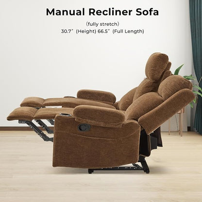 GUEAPY Large Manual Reclining Sofa 3-Seater Chenille Recliner Couch with Cup Holders, Wide Seat, Easy Assembly & Spill-Resistant Fabric Cozy Reclining Sofa for Living Room, Apartment, RV, Brown