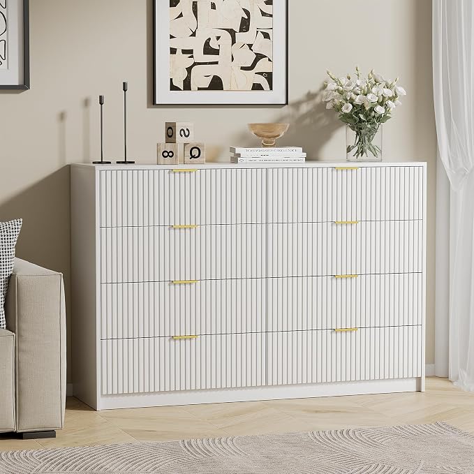 Furniway White 8 Drawer Dresser for Bedroom, Modern Dresser with Smooth Slides, Wide Chest of Drawers with Golden Handles for Bedroom, Living Room, Closet, 15.7" D x 55" W x 37.4" H