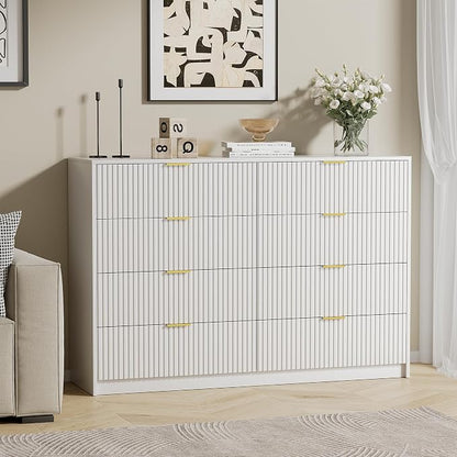Furniway White 8 Drawer Dresser for Bedroom, Modern Dresser with Smooth Slides, Wide Chest of Drawers with Golden Handles for Bedroom, Living Room, Closet, 15.7" D x 55" W x 37.4" H