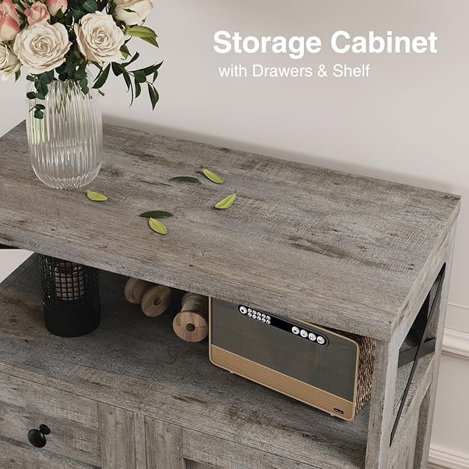 Befrases Farmhouse Storage Cabinet with Drawers and Adjustable Shelves, Freestanding Kitchen Pantry Storage Cabinet, Floor Storage Cupboard for Dining Living Room Home Office, Washed Grey