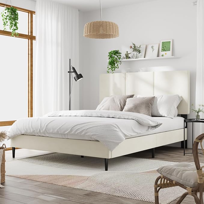 IOILORI Queen Size Bed Frame with Upholstered Headboard, Sturdy Wood Slats, No Box Spring Required, Silent, Easy Assembly, Beige
