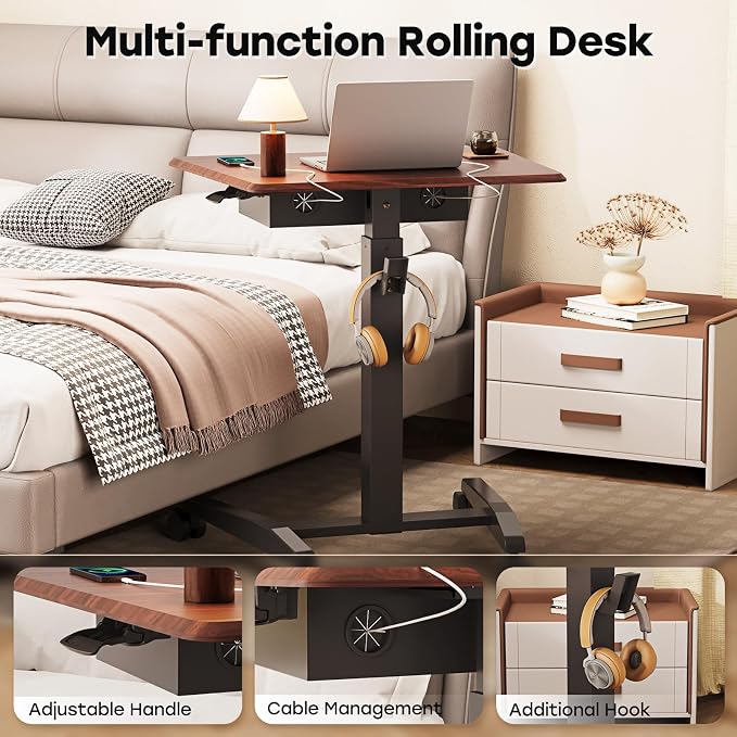 JOY worker Height Adjustable Rolling Laptop Desk with Shelf, Mobile Standing Desk, Pneumatic Mobile Laptop Table with Wheels for Couch Home Office School, Holds Up to 22lbs, Dark Walnut