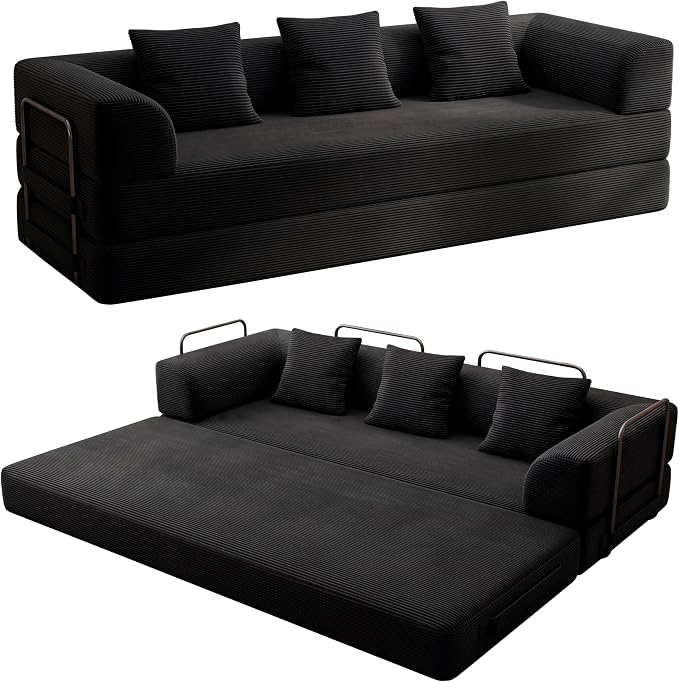 Living&Giving 89" Cloud Boneless Convertible Sofa Bed, 5-in-1 Foldable Compressed High-Density Sponge Sofa, Corduroy Fabric 3 Seater Sleeper Couch Futon Daybed for Living Room Bedroom (Black)