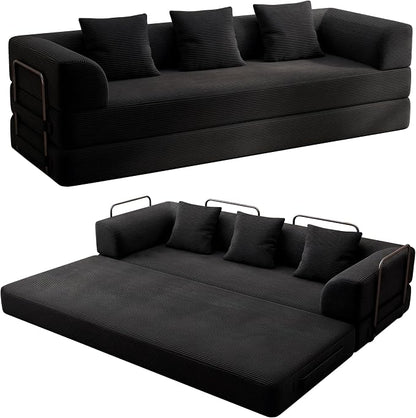 Living&Giving 89" Cloud Boneless Convertible Sofa Bed, 5-in-1 Foldable Compressed High-Density Sponge Sofa, Corduroy Fabric 3 Seater Sleeper Couch Futon Daybed for Living Room Bedroom (Black)