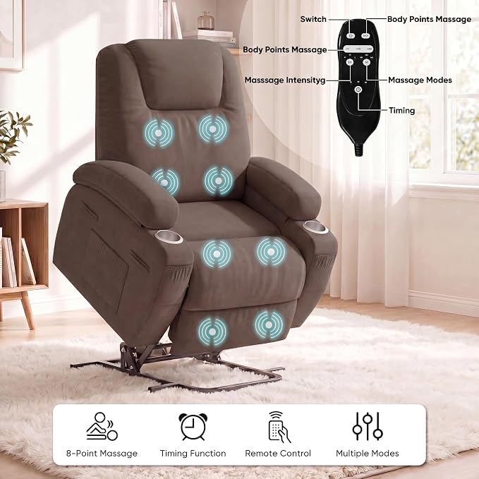Flamaker Power Lift Chair Massage Recliner Chairs for Elderly - Ergonomic Design with Cup Holders & Side Pockets, Remote Control (Dark Brown)