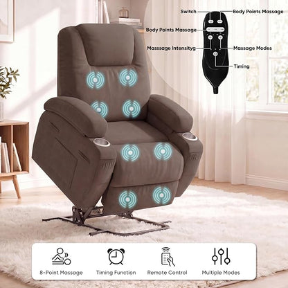 Flamaker Power Lift Chair Massage Recliner Chairs for Elderly - Ergonomic Design with Cup Holders & Side Pockets, Remote Control (Dark Brown)