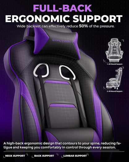 GTPLAYER Gaming Chair with Footrest, Big and Tall Game Chair 350lb Racing Style Computer Chair, Ergonomic Executive Office Chair High Back with Lumbar Support and Recliner, Purple