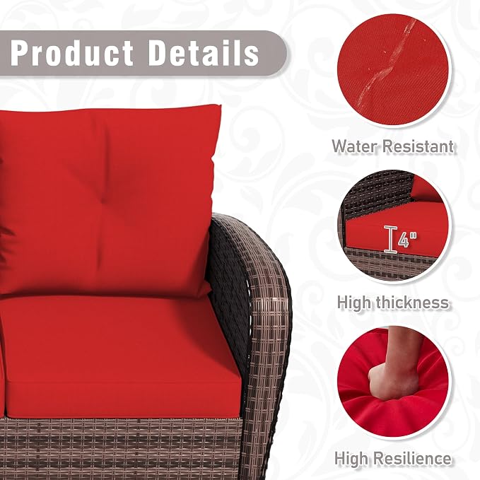 Patio 3-Seater Sofa, PE Wicker Outdoor Lounge with Thick Removable Cushions, Rust-Proof Steel Frame, 900LBS Capacity, Red