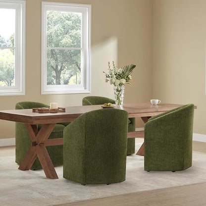 KISLOT Upholstered Dining Chairs with Casters, Washable Cover Modern Dining Room Chairs with Barrel Backrest & Dual Armrest for Kitchen, Living Room, Bedroom, Green Fabric, 4PCS
