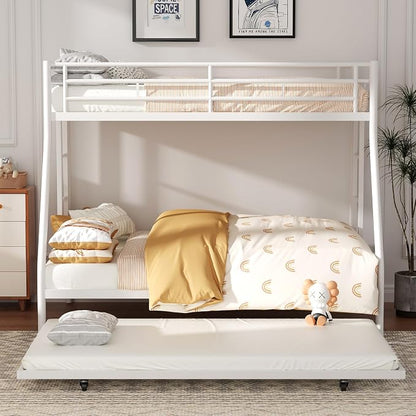 Shintenchi Bunk Bed Twin Over Full Size with Trundle, Heavy-Duty Twin&Full Frame with Full-Length Guardrail and Two Ladders, Triple for Kids, Teens and Adults, Space-Saving, White